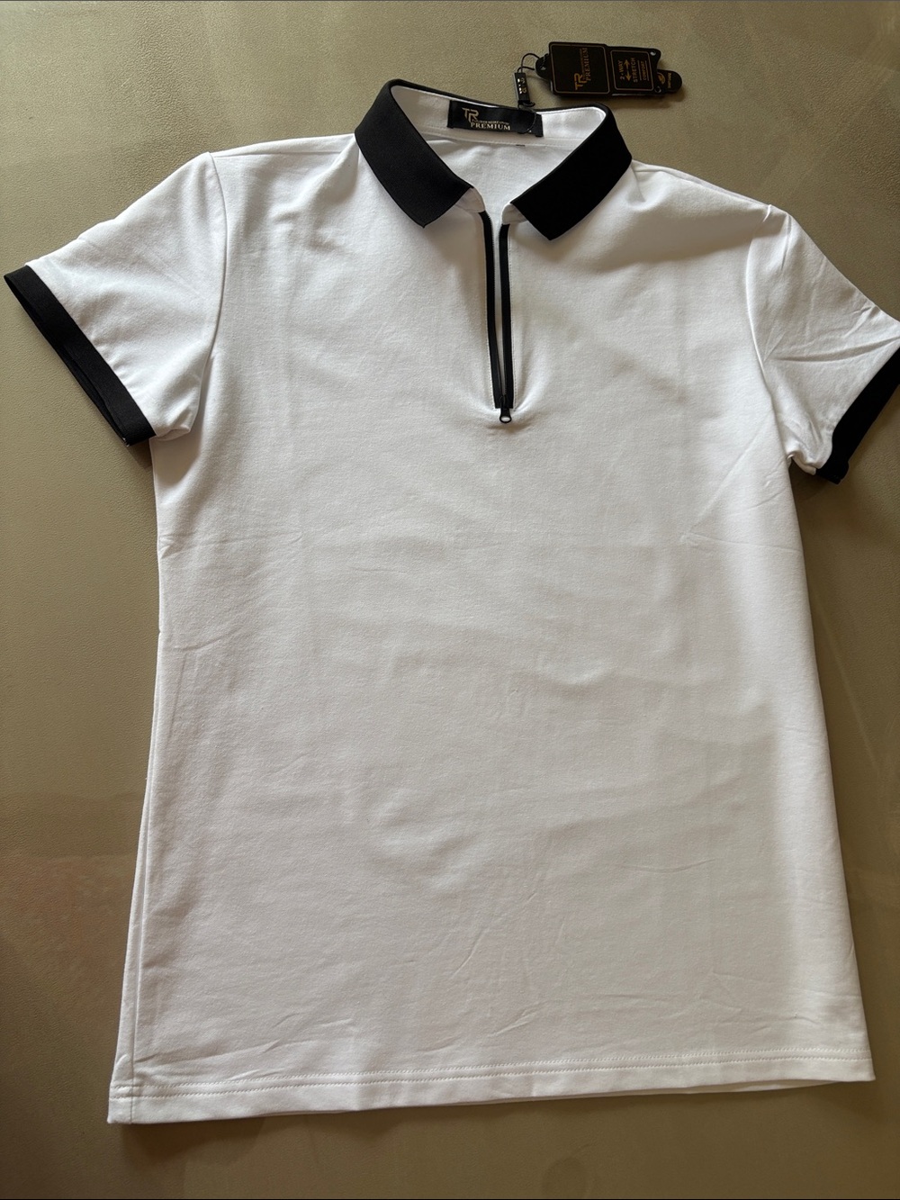 Men's White Polo with Black Trim and Front Zip - Picture 2 of 2